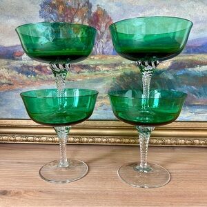 Set of Green Glass Champagne Coupes/Sherbet